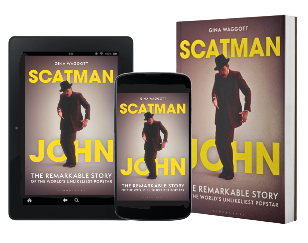 The Scatman John book cover on e-reader, a phone and as a physical hardback
