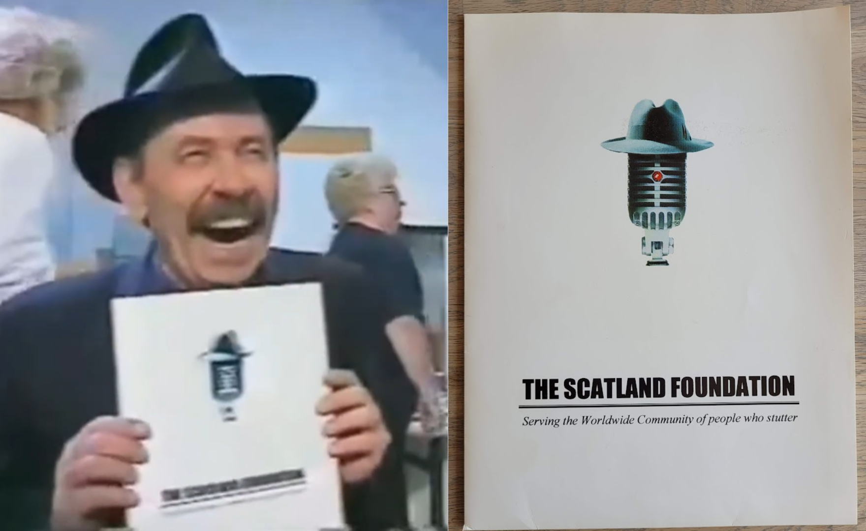 Scatman John (left) holding up the Scatland Foundation brochure (right)