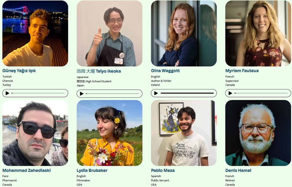A screenshot of a website with 8 profile pictures on it and sound bars under their names. 